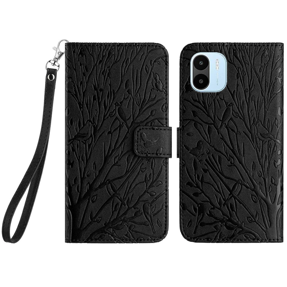 Xiaomi Redmi A1/A2 Embossed Leather Phone Case with Tree Birds Pattern, Hand Strap, Card Holder & Adjustable Stand - Shockproof Wallet Cover