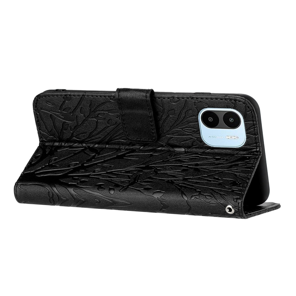 Xiaomi Redmi A1/A2 Embossed Leather Phone Case with Tree Birds Pattern, Hand Strap, Card Holder & Adjustable Stand - Shockproof Wallet Cover