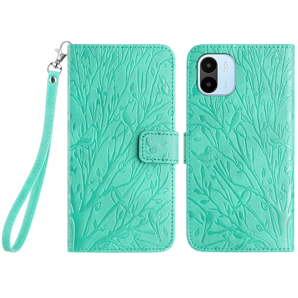 Xiaomi Redmi A1/A2 Embossed Leather Phone Case with Tree Birds Pattern, Hand Strap, Card Holder & Adjustable Stand - Shockproof Wallet Cover