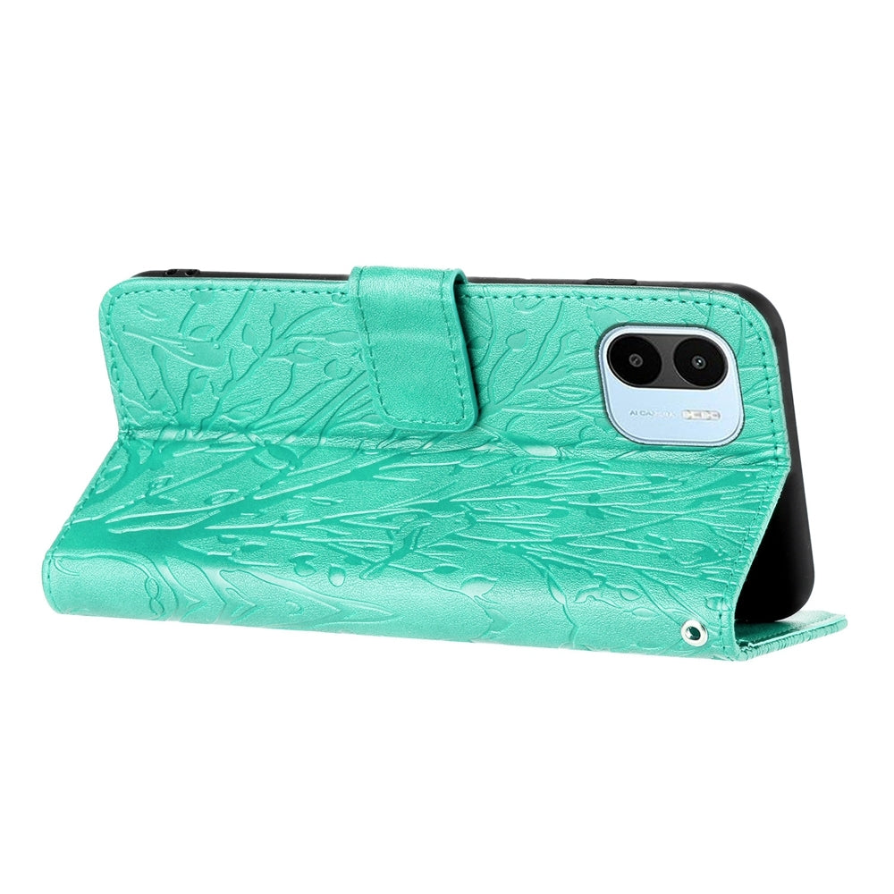 Xiaomi Redmi A1/A2 Embossed Leather Phone Case with Tree Birds Pattern, Hand Strap, Card Holder & Adjustable Stand - Shockproof Wallet Cover