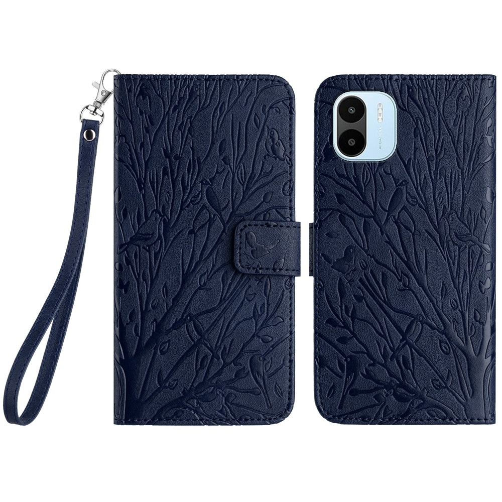 Xiaomi Redmi A1/A2 Embossed Leather Phone Case with Tree Birds Pattern, Hand Strap, Card Holder & Adjustable Stand - Shockproof Wallet Cover