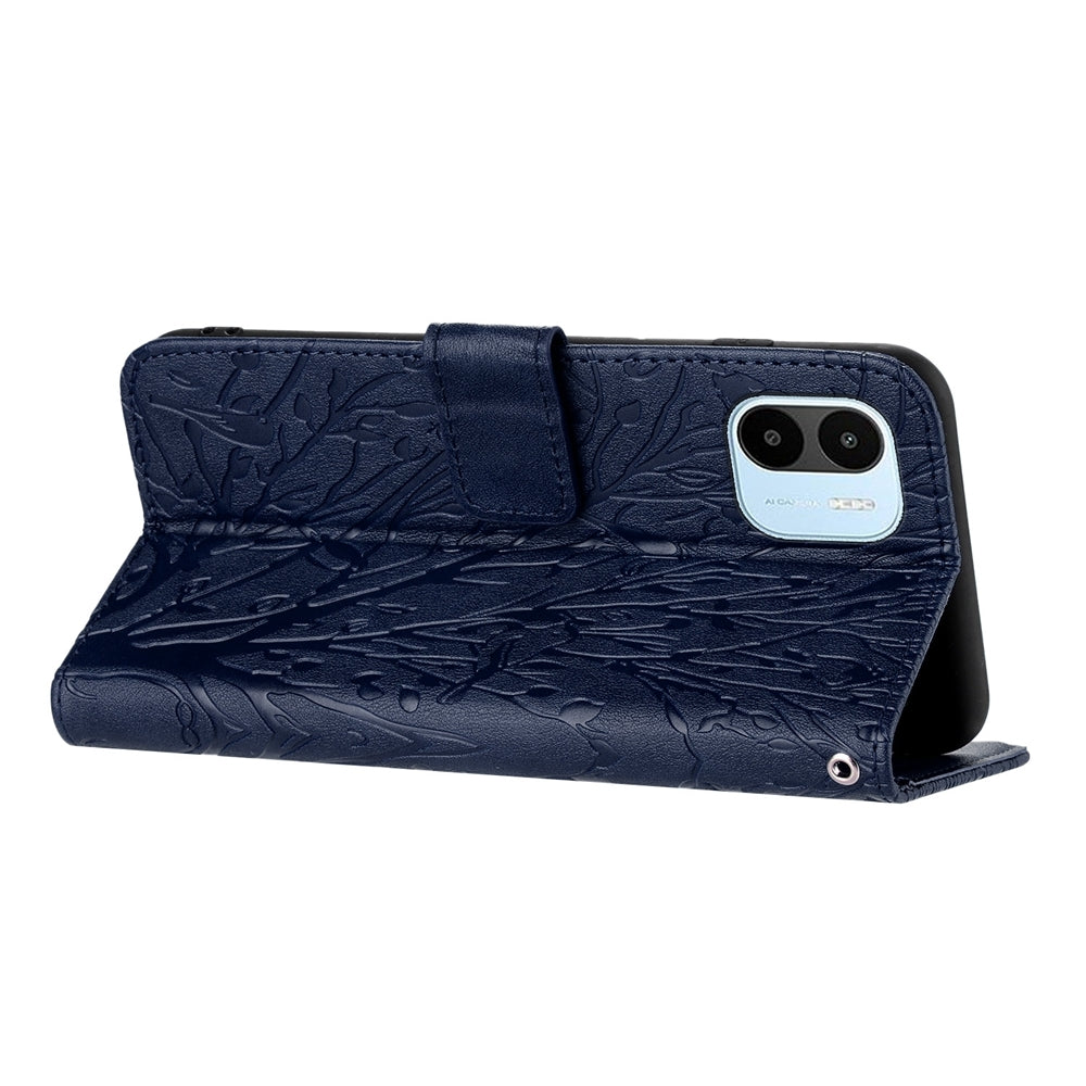 Xiaomi Redmi A1/A2 Embossed Leather Phone Case with Tree Birds Pattern, Hand Strap, Card Holder & Adjustable Stand - Shockproof Wallet Cover