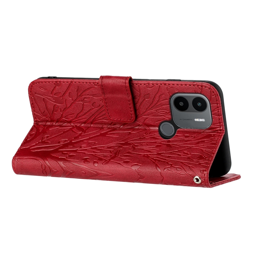 Xiaomi Redmi A1+/A2+ Embossed Leather Phone Case with Tree Birds Pattern, Hand Strap, Card Holder & Adjustable Stand - Shockproof Wallet Cover