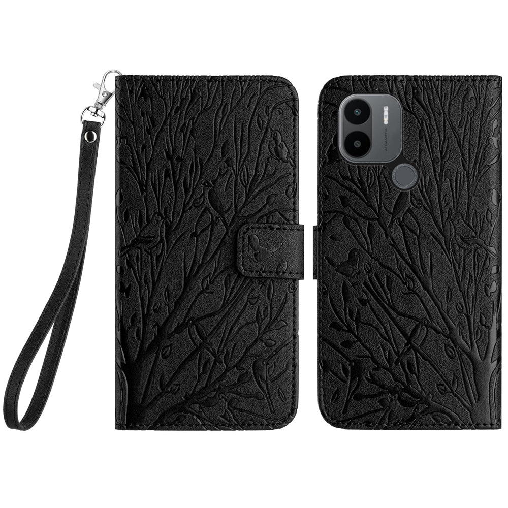 Xiaomi Redmi A1+/A2+ Embossed Leather Phone Case with Tree Birds Pattern, Hand Strap, Card Holder & Adjustable Stand - Shockproof Wallet Cover
