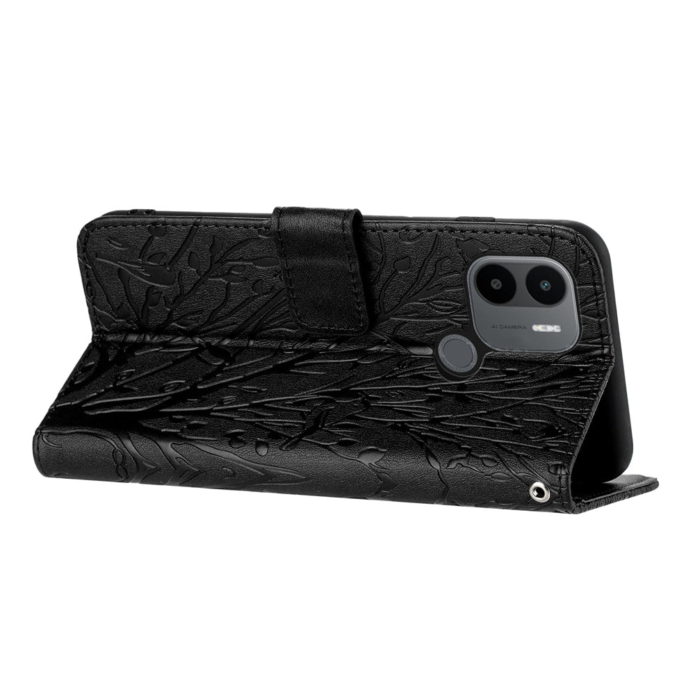 Xiaomi Redmi A1+/A2+ Embossed Leather Phone Case with Tree Birds Pattern, Hand Strap, Card Holder & Adjustable Stand - Shockproof Wallet Cover