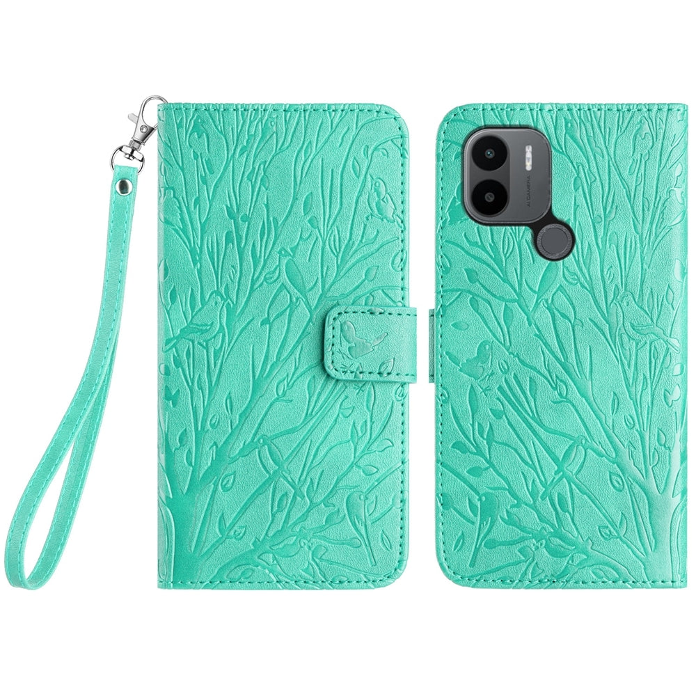 Xiaomi Redmi A1+/A2+ Embossed Leather Phone Case with Tree Birds Pattern, Hand Strap, Card Holder & Adjustable Stand - Shockproof Wallet Cover
