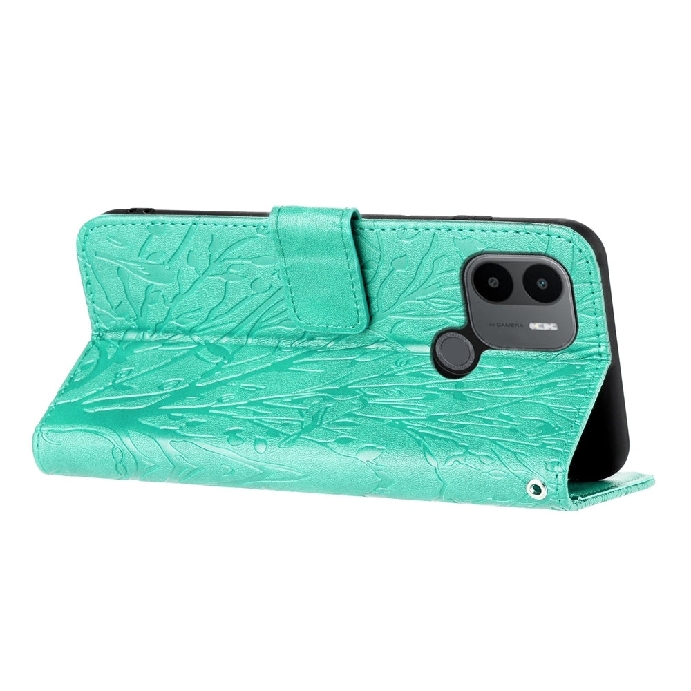 Xiaomi Redmi A1+/A2+ Embossed Leather Phone Case with Tree Birds Pattern, Hand Strap, Card Holder & Adjustable Stand - Shockproof Wallet Cover