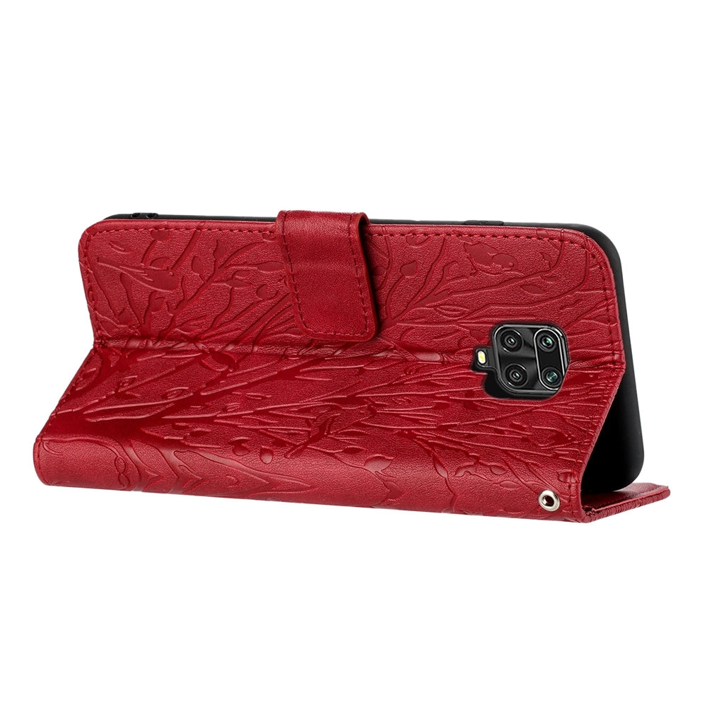 Xiaomi Redmi Note 9S Embossed Leather Phone Case with Tree Birds Pattern, Hand Strap, Card Holder & Adjustable Stand - Shockproof Wallet Cover