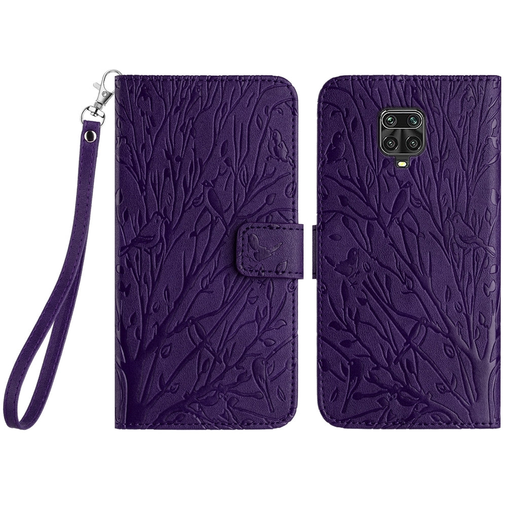Xiaomi Redmi Note 9S Embossed Leather Phone Case with Tree Birds Pattern, Hand Strap, Card Holder & Adjustable Stand - Shockproof Wallet Cover