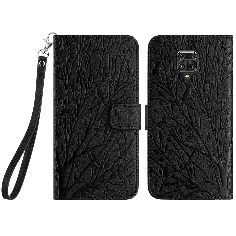 Xiaomi Redmi Note 9S Embossed Leather Phone Case with Tree Birds Pattern, Hand Strap, Card Holder & Adjustable Stand - Shockproof Wallet Cover