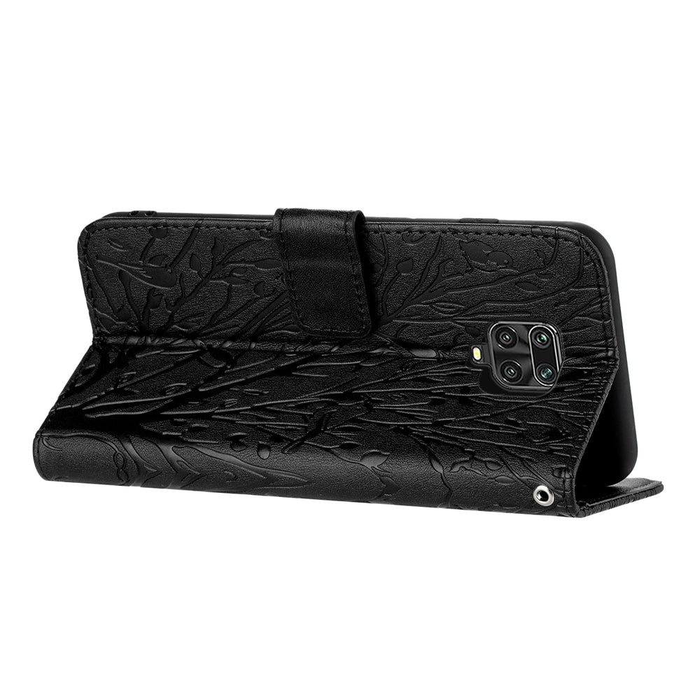 Xiaomi Redmi Note 9S Embossed Leather Phone Case with Tree Birds Pattern, Hand Strap, Card Holder & Adjustable Stand - Shockproof Wallet Cover