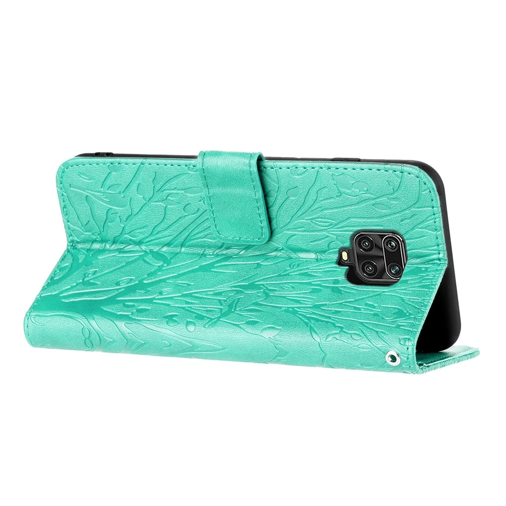 Xiaomi Redmi Note 9S Embossed Leather Phone Case with Tree Birds Pattern, Hand Strap, Card Holder & Adjustable Stand - Shockproof Wallet Cover