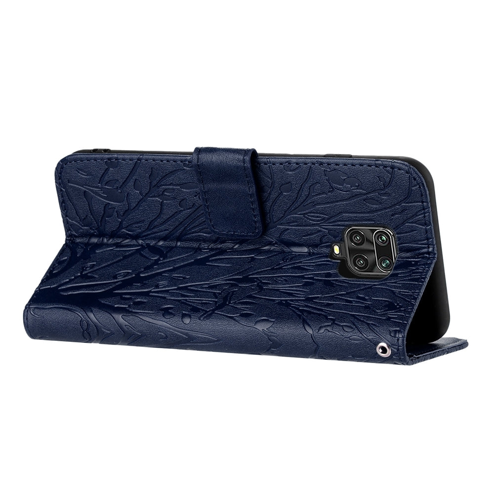 Xiaomi Redmi Note 9S Embossed Leather Phone Case with Tree Birds Pattern, Hand Strap, Card Holder & Adjustable Stand - Shockproof Wallet Cover