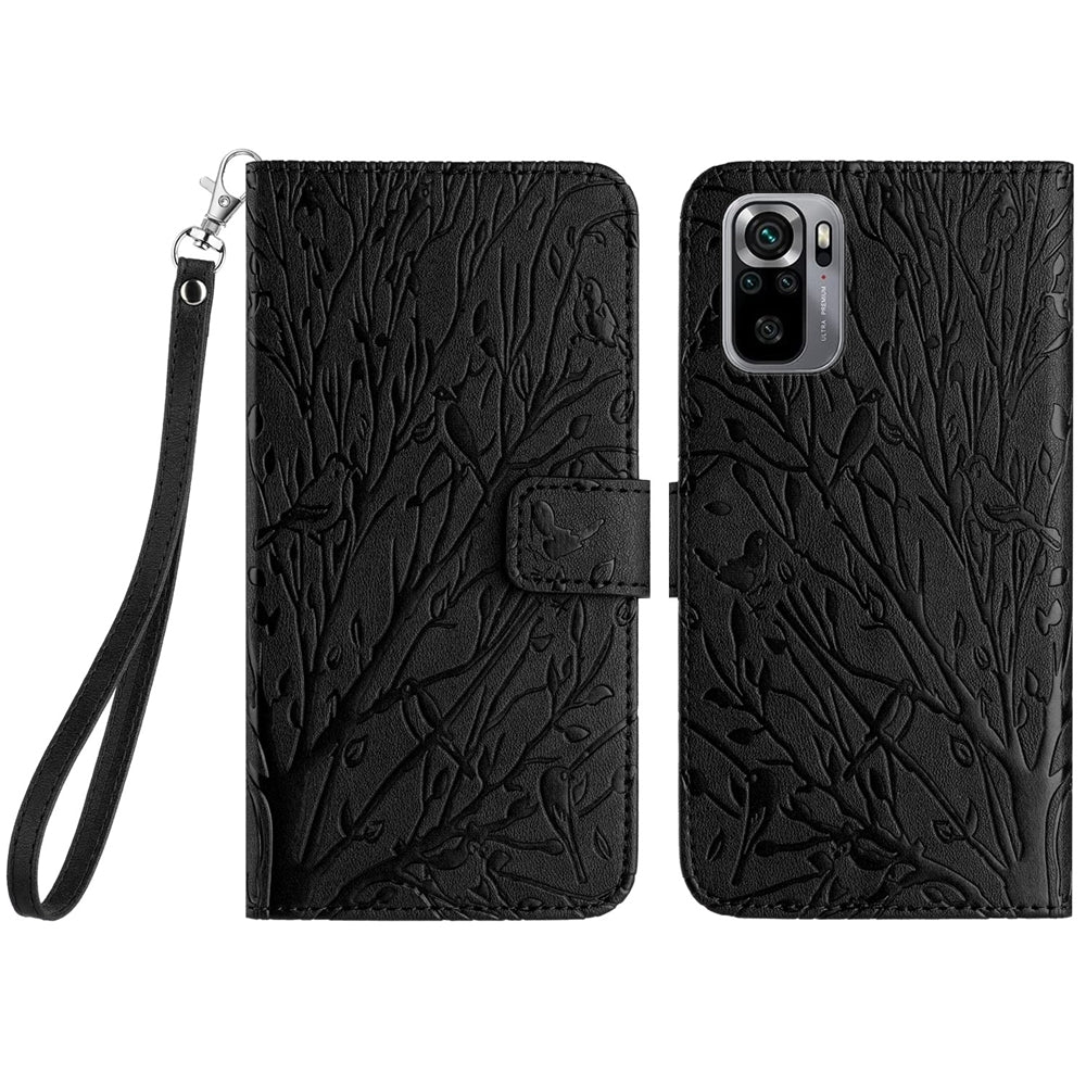 Xiaomi Redmi Note 10 4G Embossed Leather Phone Case with Tree Birds Pattern, Hand Strap, Card Holder & Adjustable Stand - Shockproof Wallet Cover