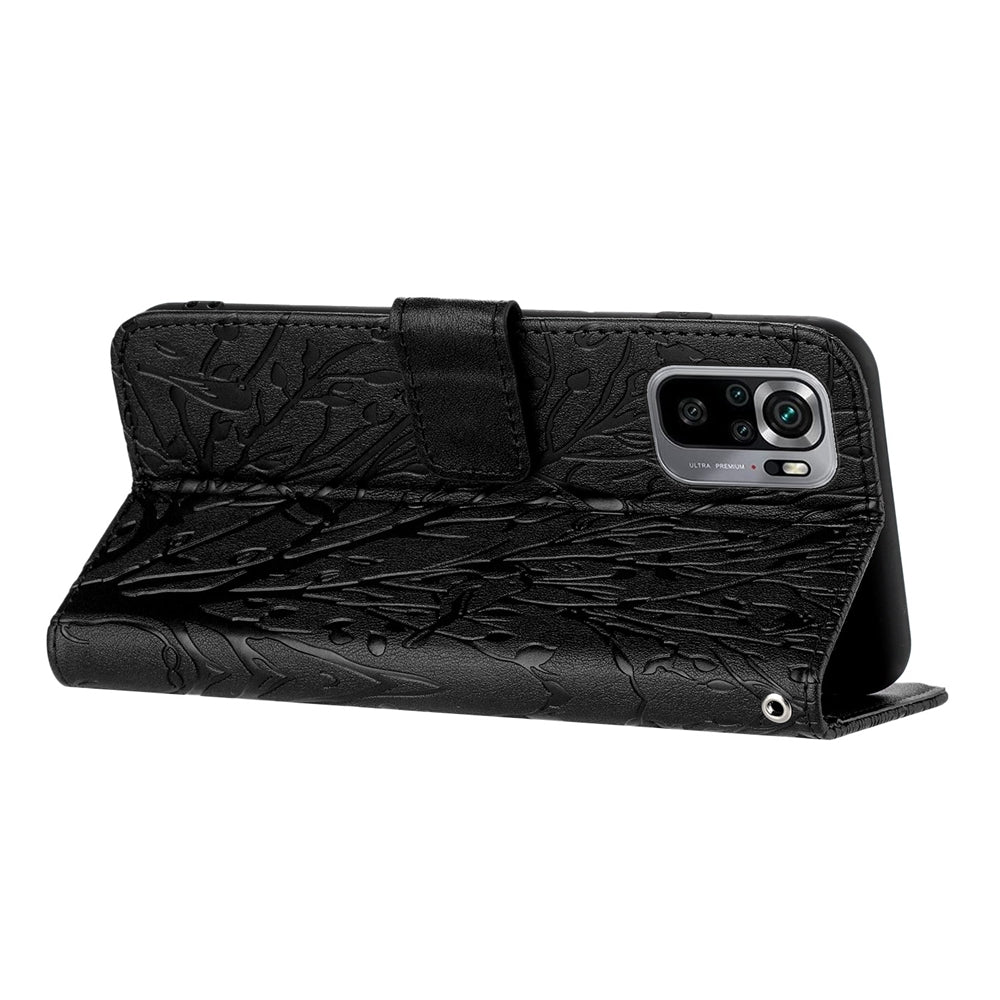 Xiaomi Redmi Note 10 4G Embossed Leather Phone Case with Tree Birds Pattern, Hand Strap, Card Holder & Adjustable Stand - Shockproof Wallet Cover