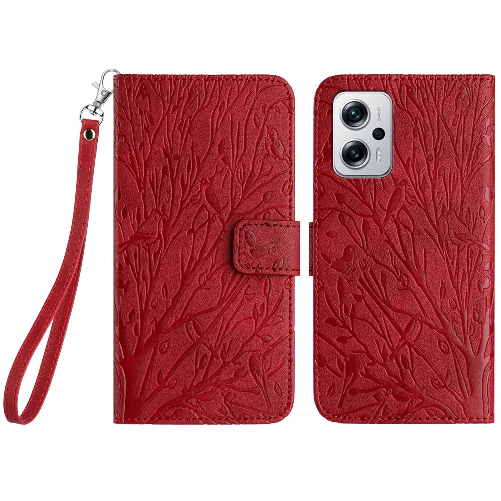 Xiaomi Redmi Note 11T Pro Embossed Leather Phone Case with Tree Birds Pattern, Hand Strap, Card Holder & Adjustable Stand - Shockproof Wallet Cover