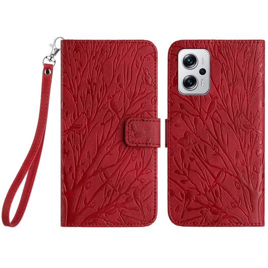 Xiaomi Redmi Note 11T Pro Embossed Leather Phone Case with Tree Birds Pattern, Hand Strap, Card Holder & Adjustable Stand - Shockproof Wallet Cover