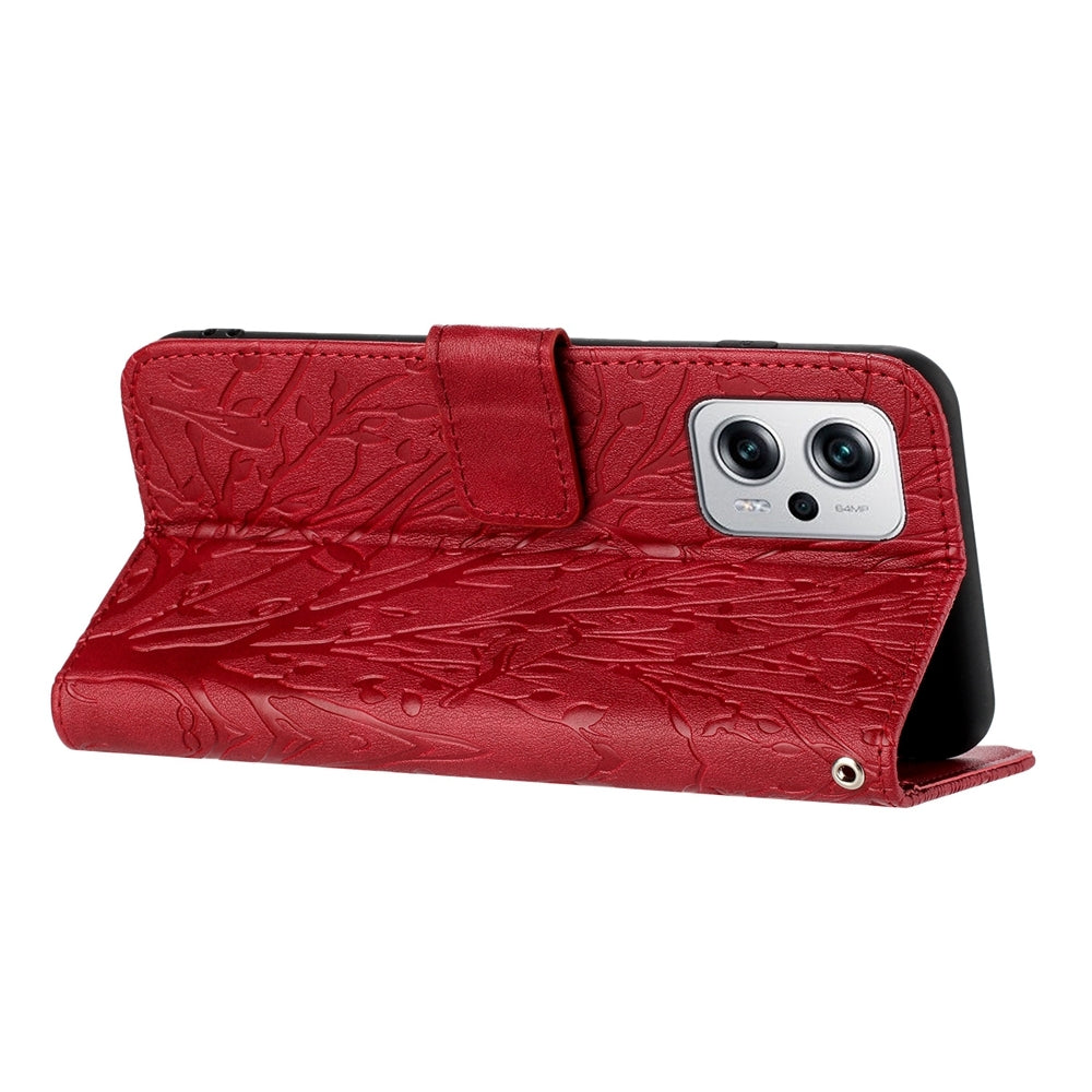 Xiaomi Redmi Note 11T Pro Embossed Leather Phone Case with Tree Birds Pattern, Hand Strap, Card Holder & Adjustable Stand - Shockproof Wallet Cover