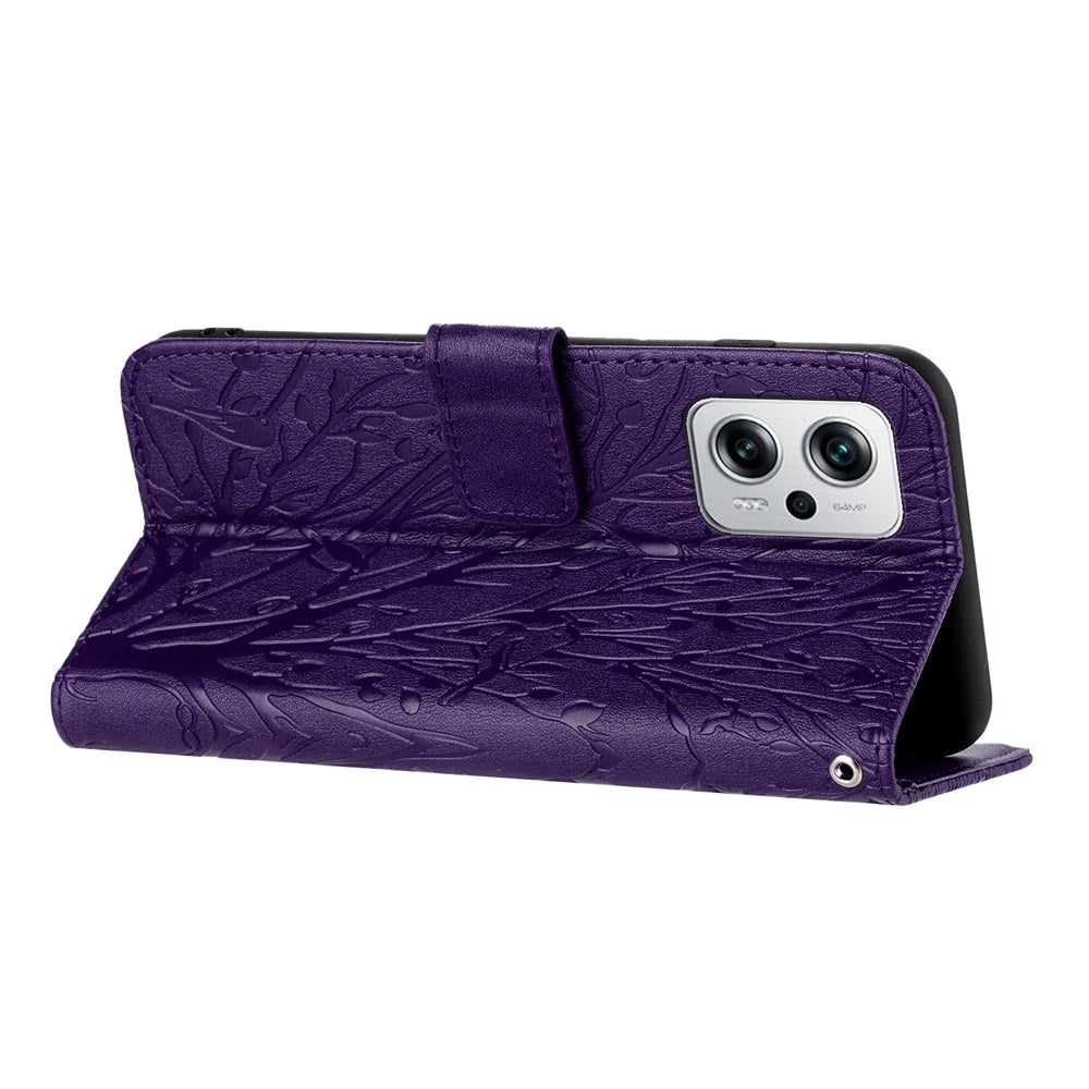 Xiaomi Redmi Note 11T Pro Embossed Leather Phone Case with Tree Birds Pattern, Hand Strap, Card Holder & Adjustable Stand - Shockproof Wallet Cover