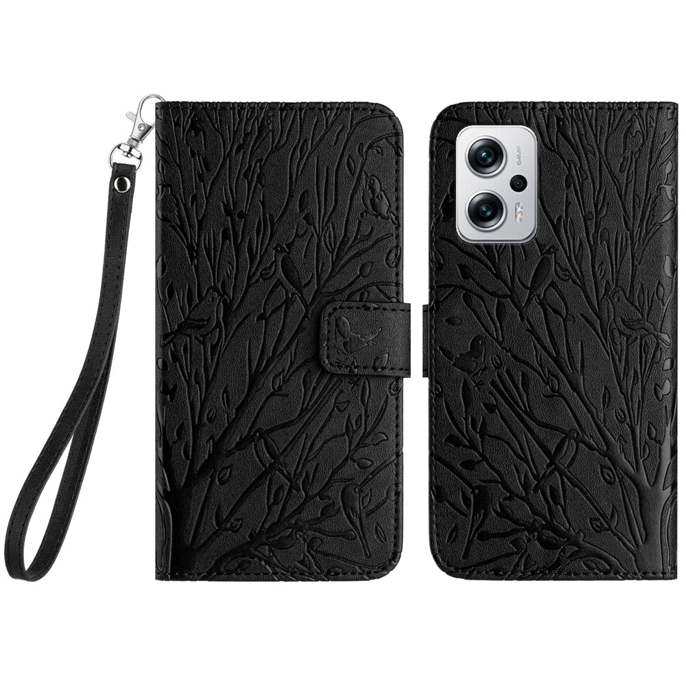 Xiaomi Redmi Note 11T Pro Embossed Leather Phone Case with Tree Birds Pattern, Hand Strap, Card Holder & Adjustable Stand - Shockproof Wallet Cover