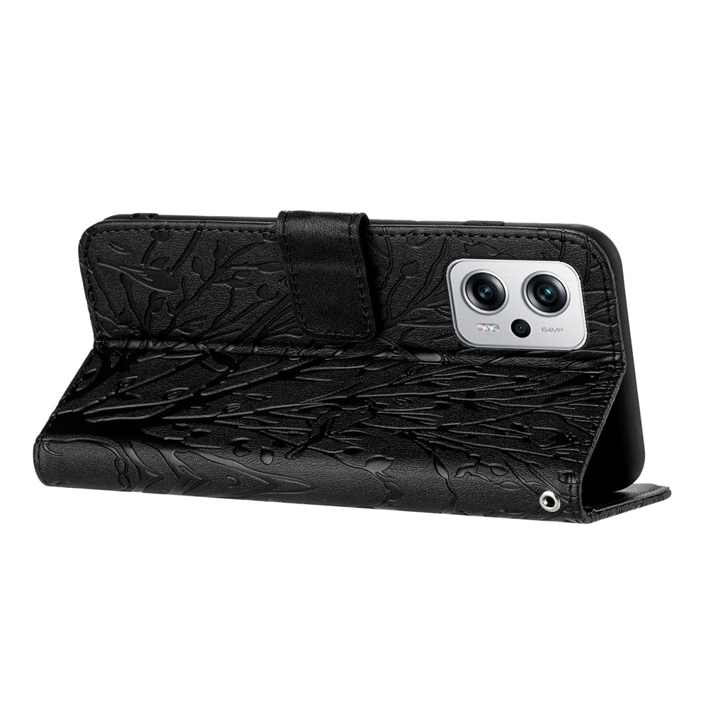 Xiaomi Redmi Note 11T Pro Embossed Leather Phone Case with Tree Birds Pattern, Hand Strap, Card Holder & Adjustable Stand - Shockproof Wallet Cover