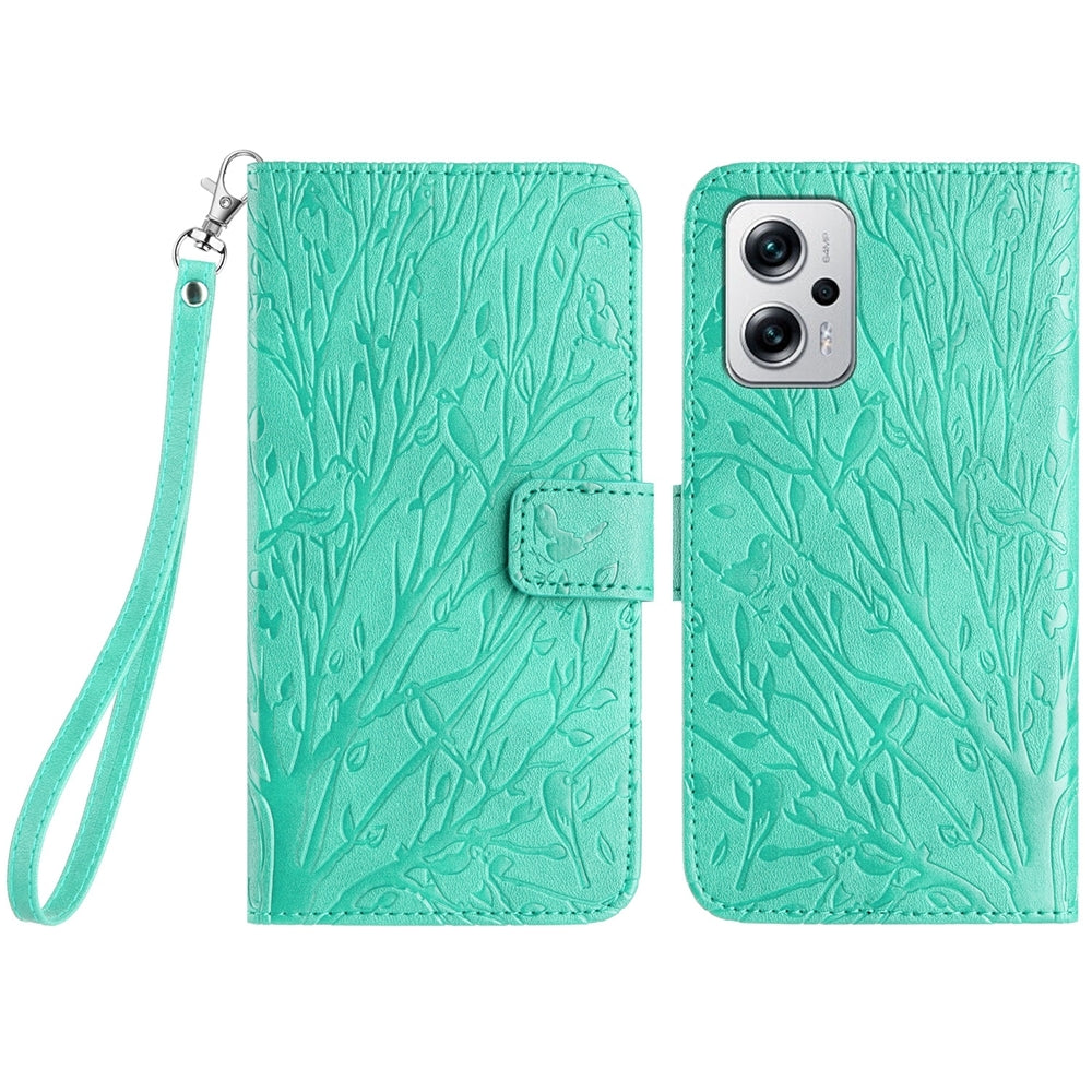Xiaomi Redmi Note 11T Pro Embossed Leather Phone Case with Tree Birds Pattern, Hand Strap, Card Holder & Adjustable Stand - Shockproof Wallet Cover