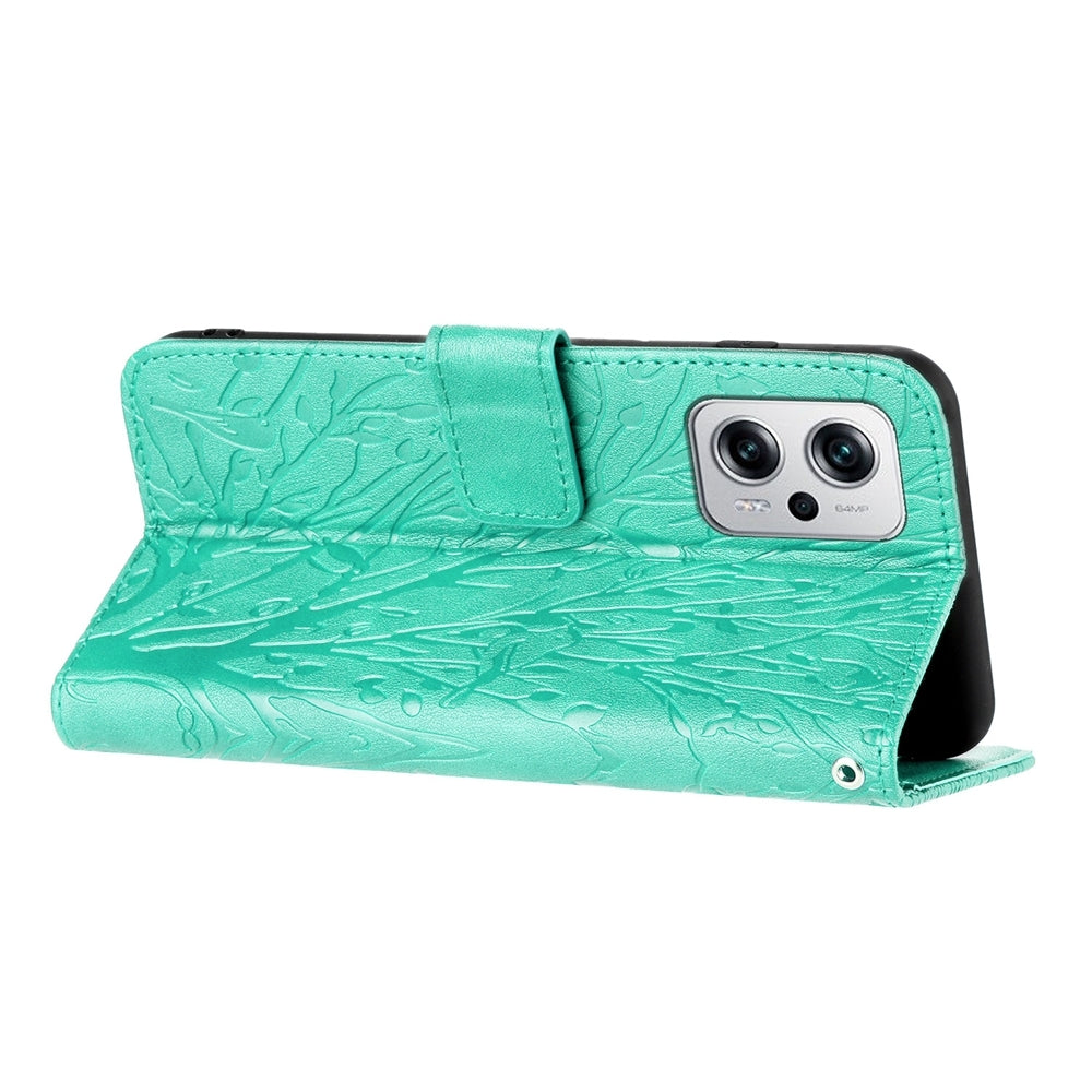 Xiaomi Redmi Note 11T Pro Embossed Leather Phone Case with Tree Birds Pattern, Hand Strap, Card Holder & Adjustable Stand - Shockproof Wallet Cover