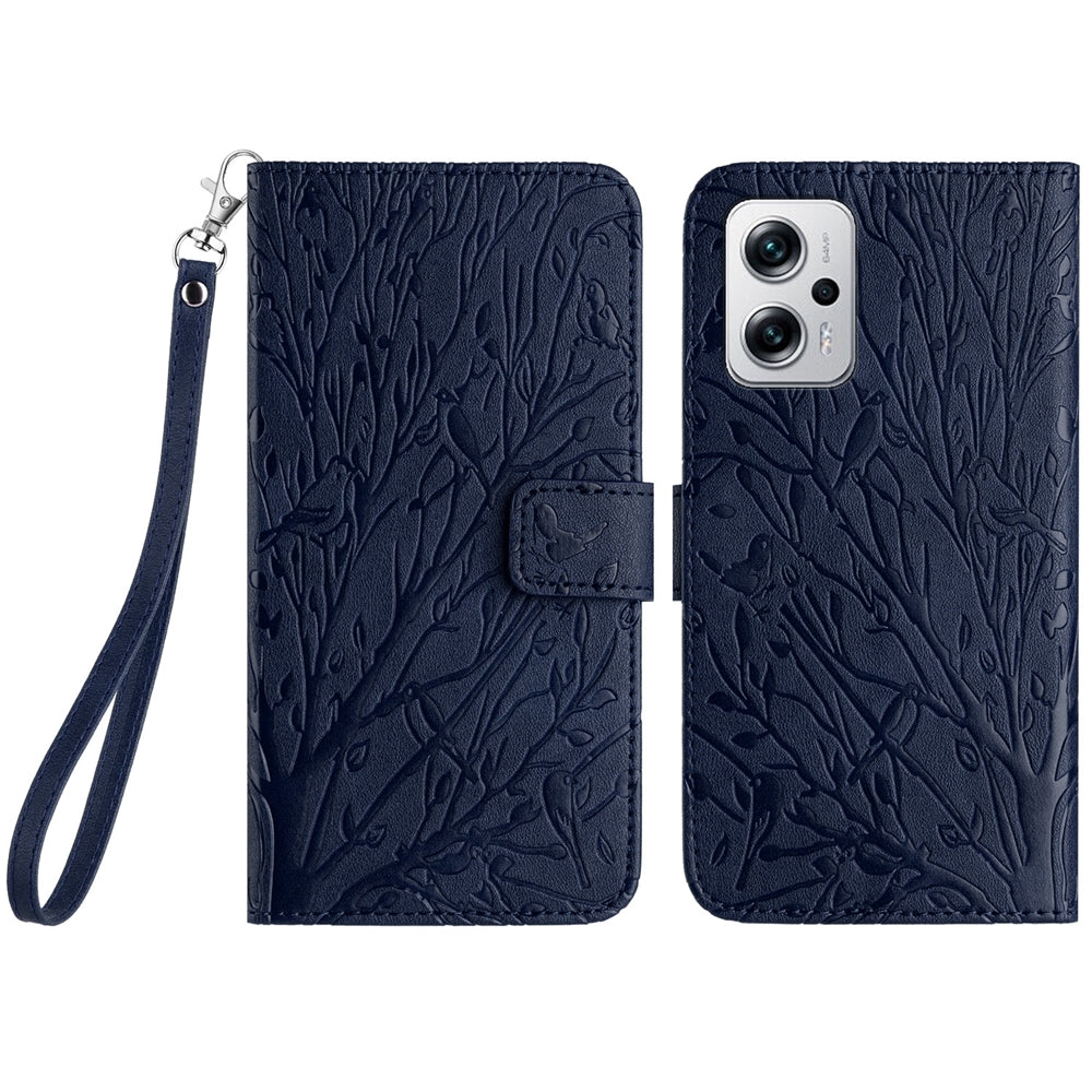 Xiaomi Redmi Note 11T Pro Embossed Leather Phone Case with Tree Birds Pattern, Hand Strap, Card Holder & Adjustable Stand - Shockproof Wallet Cover