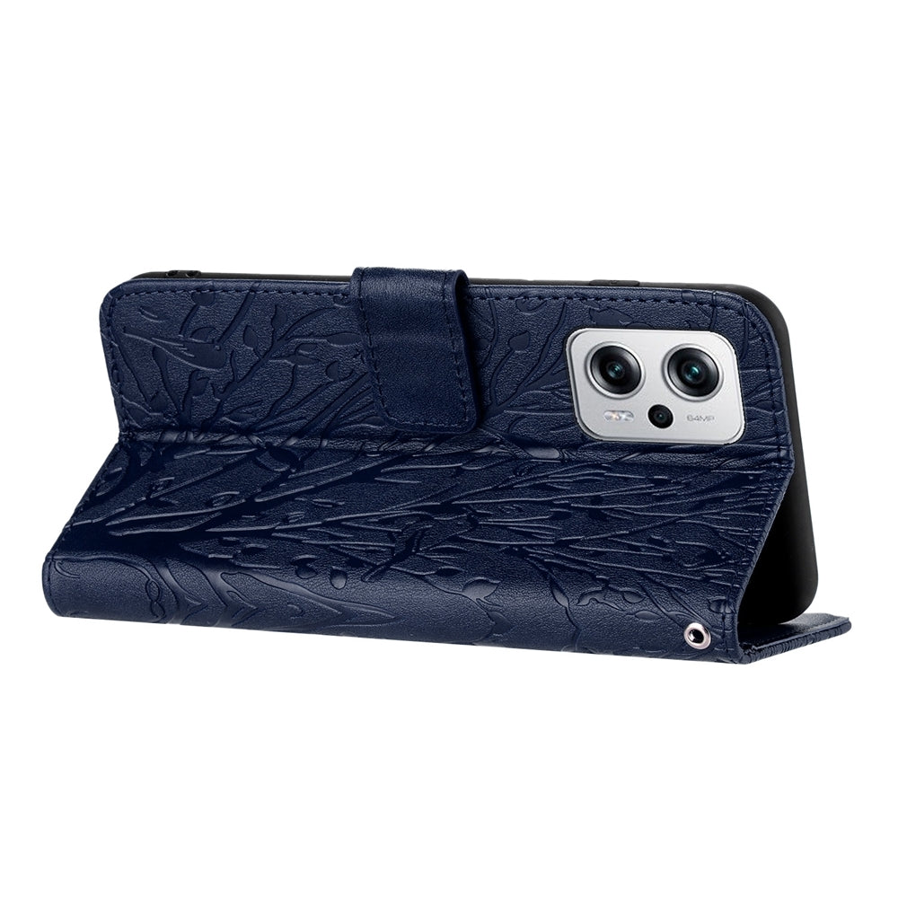 Xiaomi Redmi Note 11T Pro Embossed Leather Phone Case with Tree Birds Pattern, Hand Strap, Card Holder & Adjustable Stand - Shockproof Wallet Cover