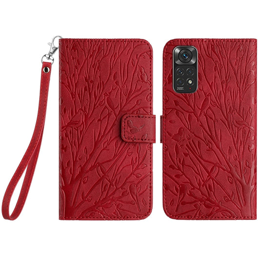 Xiaomi Redmi Note 11S Embossed Leather Phone Case with Tree Birds Pattern, Hand Strap, Card Holder & Adjustable Stand - Shockproof Wallet Cover