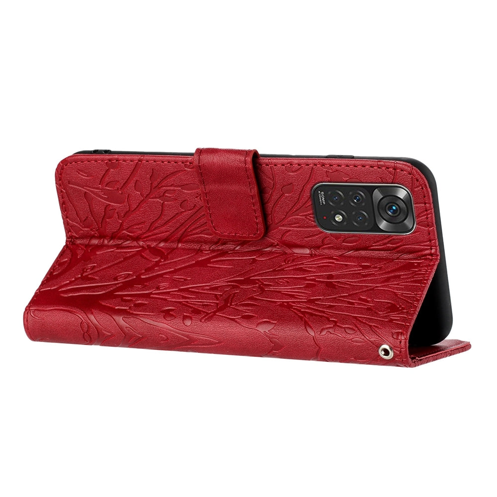 Xiaomi Redmi Note 11S Embossed Leather Phone Case with Tree Birds Pattern, Hand Strap, Card Holder & Adjustable Stand - Shockproof Wallet Cover