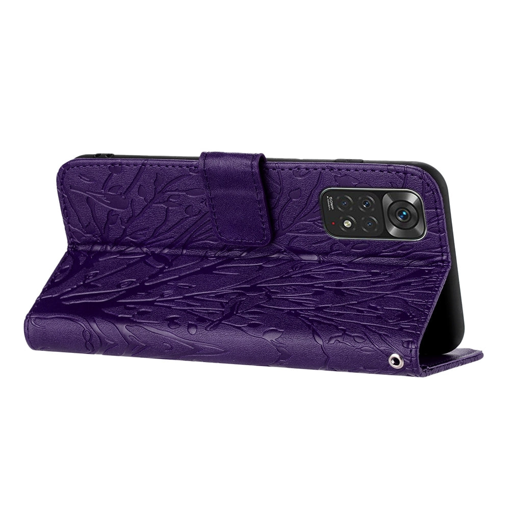 Xiaomi Redmi Note 11S Embossed Leather Phone Case with Tree Birds Pattern, Hand Strap, Card Holder & Adjustable Stand - Shockproof Wallet Cover