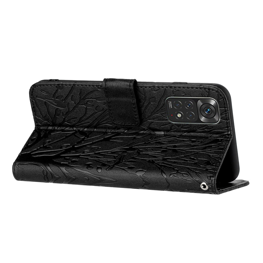 Xiaomi Redmi Note 11S Embossed Leather Phone Case with Tree Birds Pattern, Hand Strap, Card Holder & Adjustable Stand - Shockproof Wallet Cover
