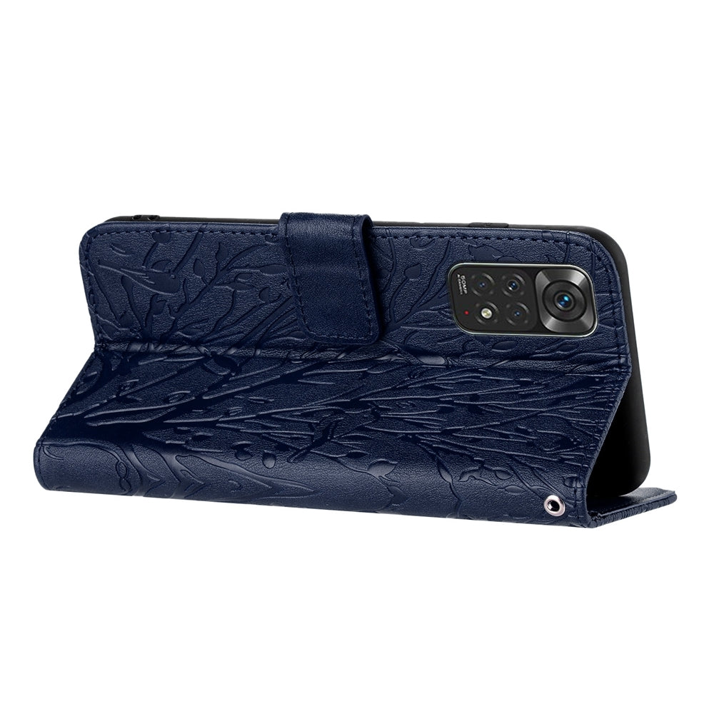 Xiaomi Redmi Note 11S Embossed Leather Phone Case with Tree Birds Pattern, Hand Strap, Card Holder & Adjustable Stand - Shockproof Wallet Cover