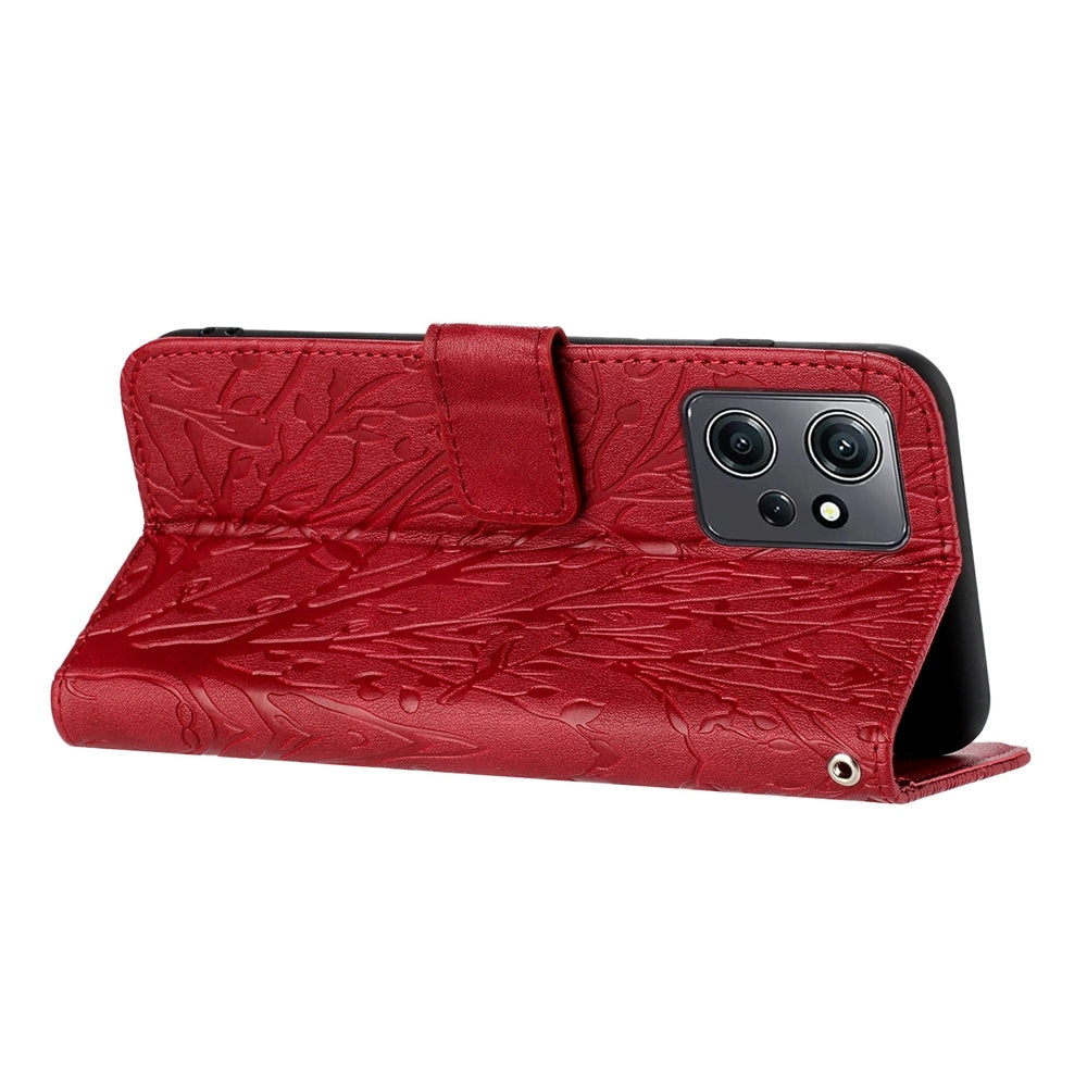 Xiaomi Redmi Note 12 4G Global Embossed Leather Phone Case with Tree Birds Pattern, Hand Strap, Card Holder & Adjustable Stand - Shockproof Wallet Cover