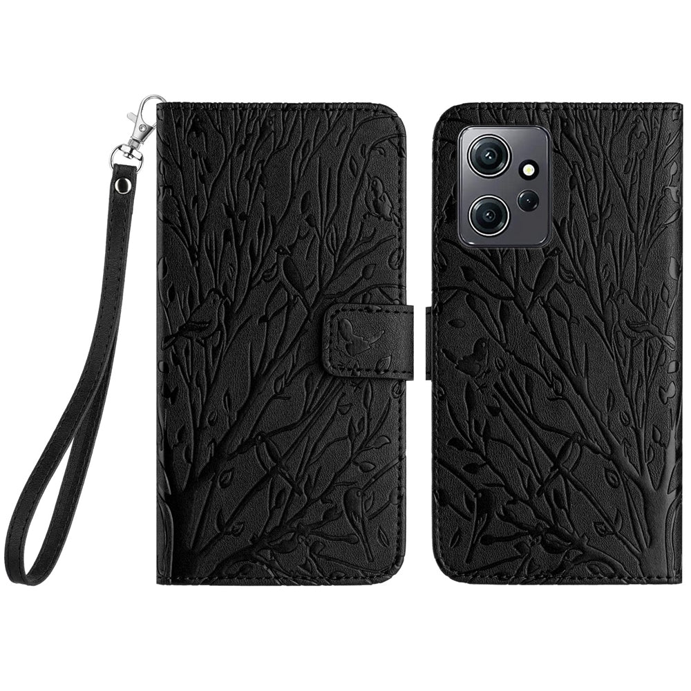 Xiaomi Redmi Note 12 4G Global Embossed Leather Phone Case with Tree Birds Pattern, Hand Strap, Card Holder & Adjustable Stand - Shockproof Wallet Cover