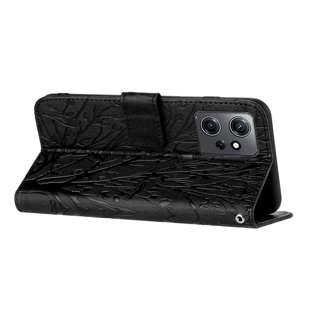 Xiaomi Redmi Note 12 4G Global Embossed Leather Phone Case with Tree Birds Pattern, Hand Strap, Card Holder & Adjustable Stand - Shockproof Wallet Cover