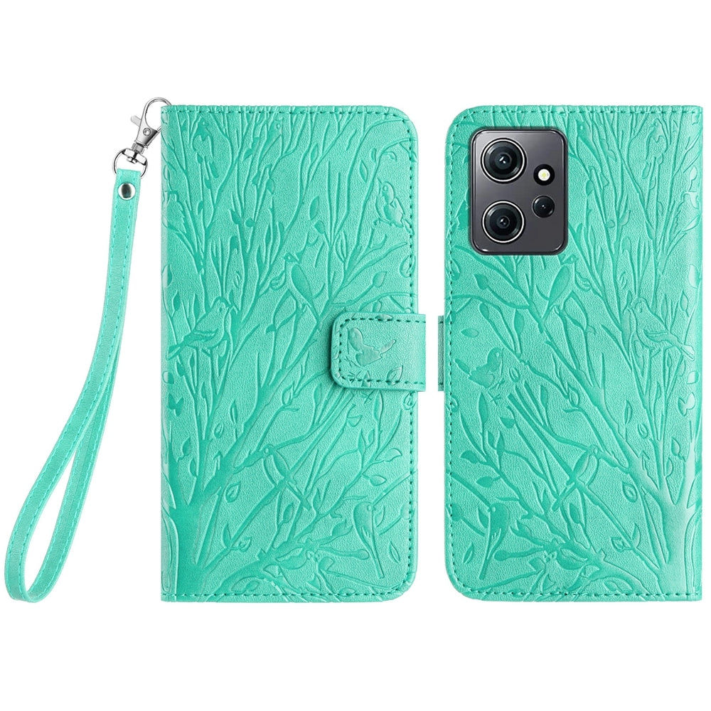 Xiaomi Redmi Note 12 4G Global Embossed Leather Phone Case with Tree Birds Pattern, Hand Strap, Card Holder & Adjustable Stand - Shockproof Wallet Cover