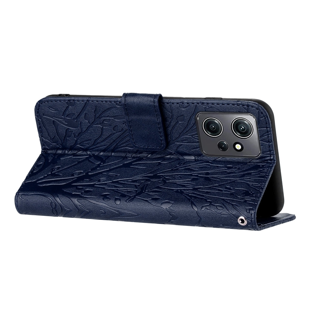 Xiaomi Redmi Note 12 4G Global Embossed Leather Phone Case with Tree Birds Pattern, Hand Strap, Card Holder & Adjustable Stand - Shockproof Wallet Cover