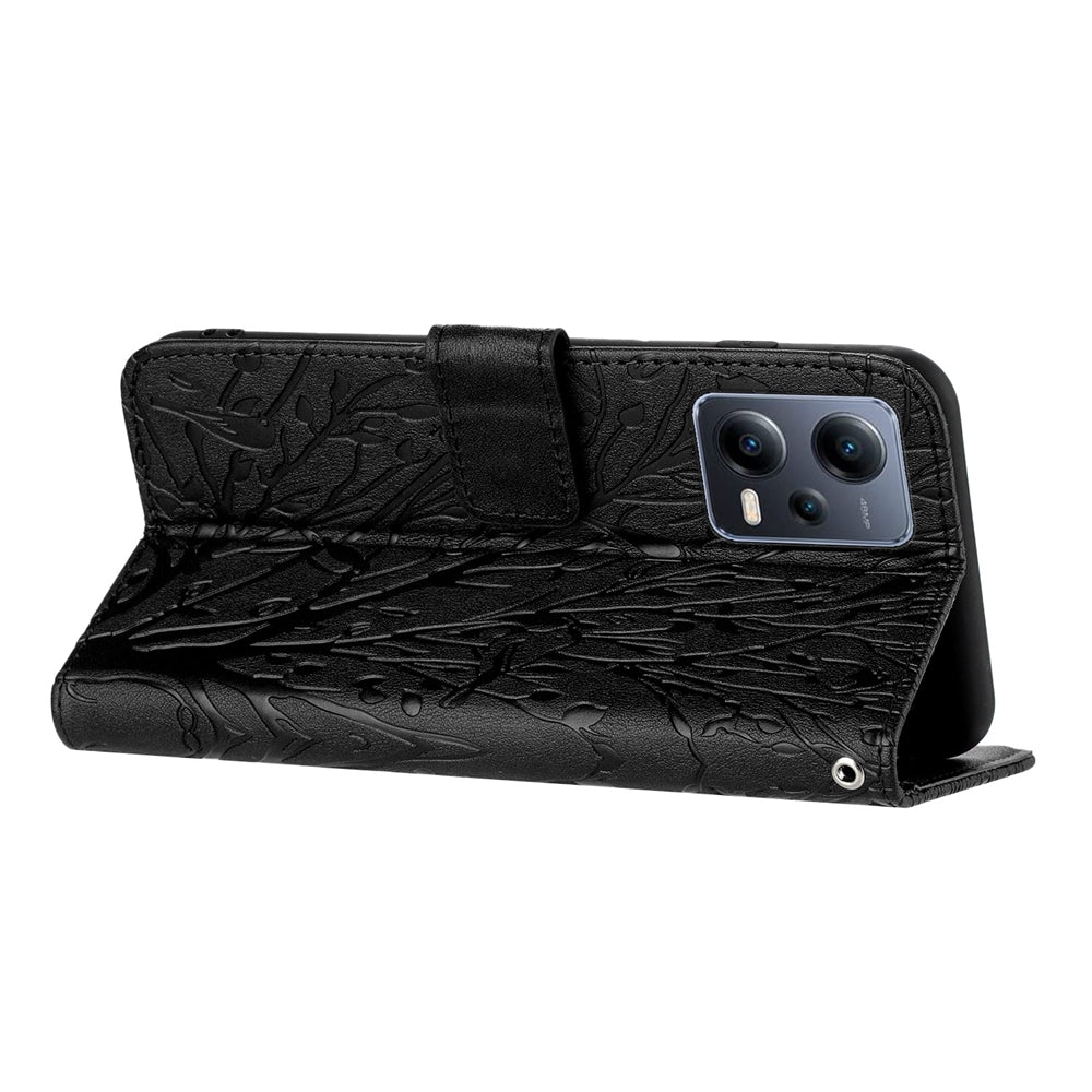 Xiaomi Redmi Note 12 Pro 5G Global Embossed Leather Phone Case with Tree Birds Pattern, Hand Strap, Card Holder & Adjustable Stand - Shockproof Wallet Cover