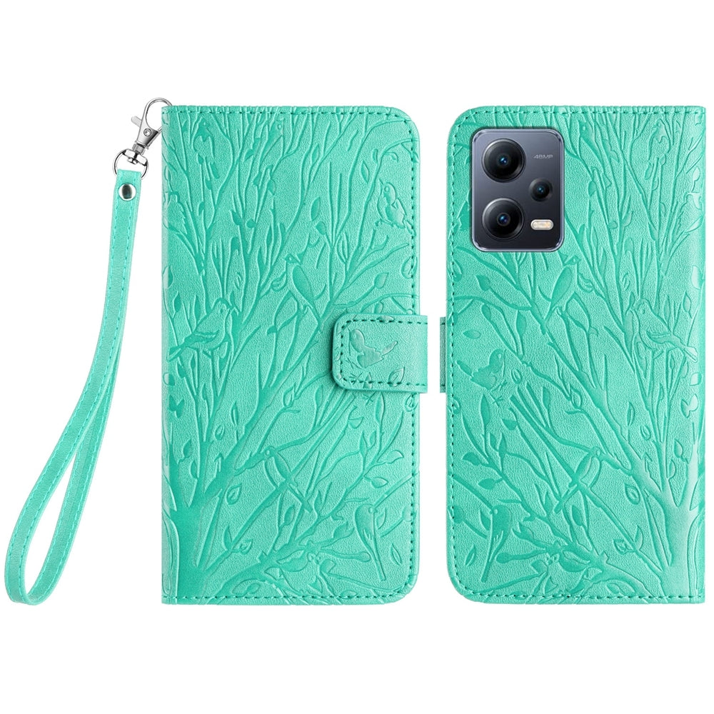Xiaomi Redmi Note 12 Pro 5G Global Embossed Leather Phone Case with Tree Birds Pattern, Hand Strap, Card Holder & Adjustable Stand - Shockproof Wallet Cover