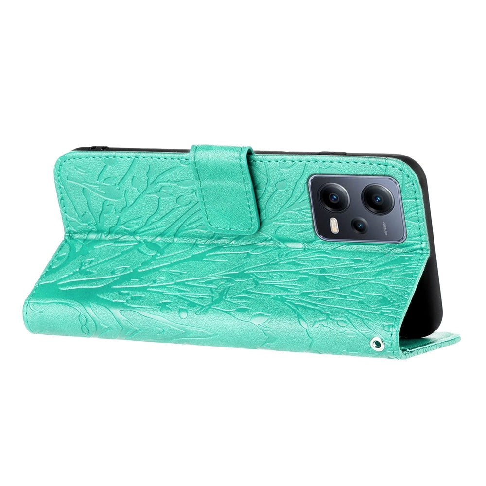Xiaomi Redmi Note 12 Pro 5G Global Embossed Leather Phone Case with Tree Birds Pattern, Hand Strap, Card Holder & Adjustable Stand - Shockproof Wallet Cover
