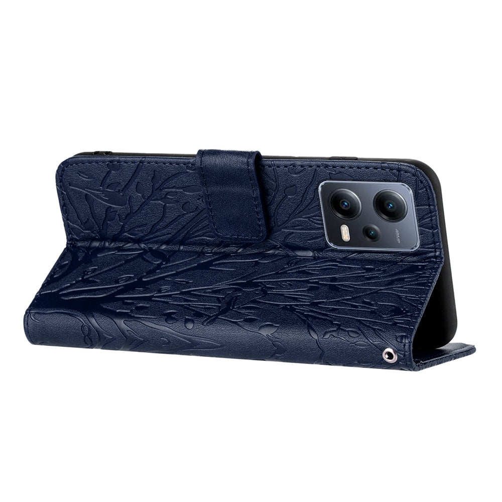 Xiaomi Redmi Note 12 Pro 5G Global Embossed Leather Phone Case with Tree Birds Pattern, Hand Strap, Card Holder & Adjustable Stand - Shockproof Wallet Cover