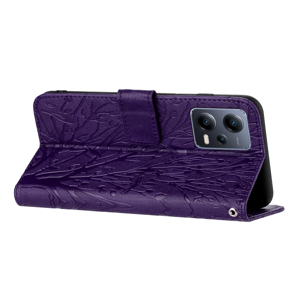 Xiaomi Redmi Note 12 Pro+ Global Embossed Leather Phone Case with Tree Birds Pattern, Hand Strap, Card Holder & Adjustable Stand - Shockproof Wallet Cover