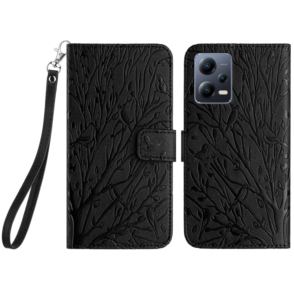 Xiaomi Redmi Note 12 Pro+ Global Embossed Leather Phone Case with Tree Birds Pattern, Hand Strap, Card Holder & Adjustable Stand - Shockproof Wallet Cover