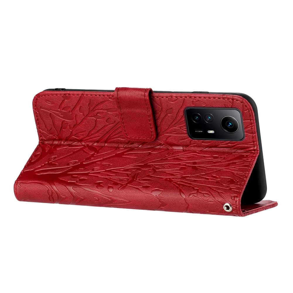Xiaomi Redmi Note 12S Embossed Leather Phone Case with Tree Birds Pattern, Hand Strap, Card Holder & Adjustable Stand - Shockproof Wallet Cover