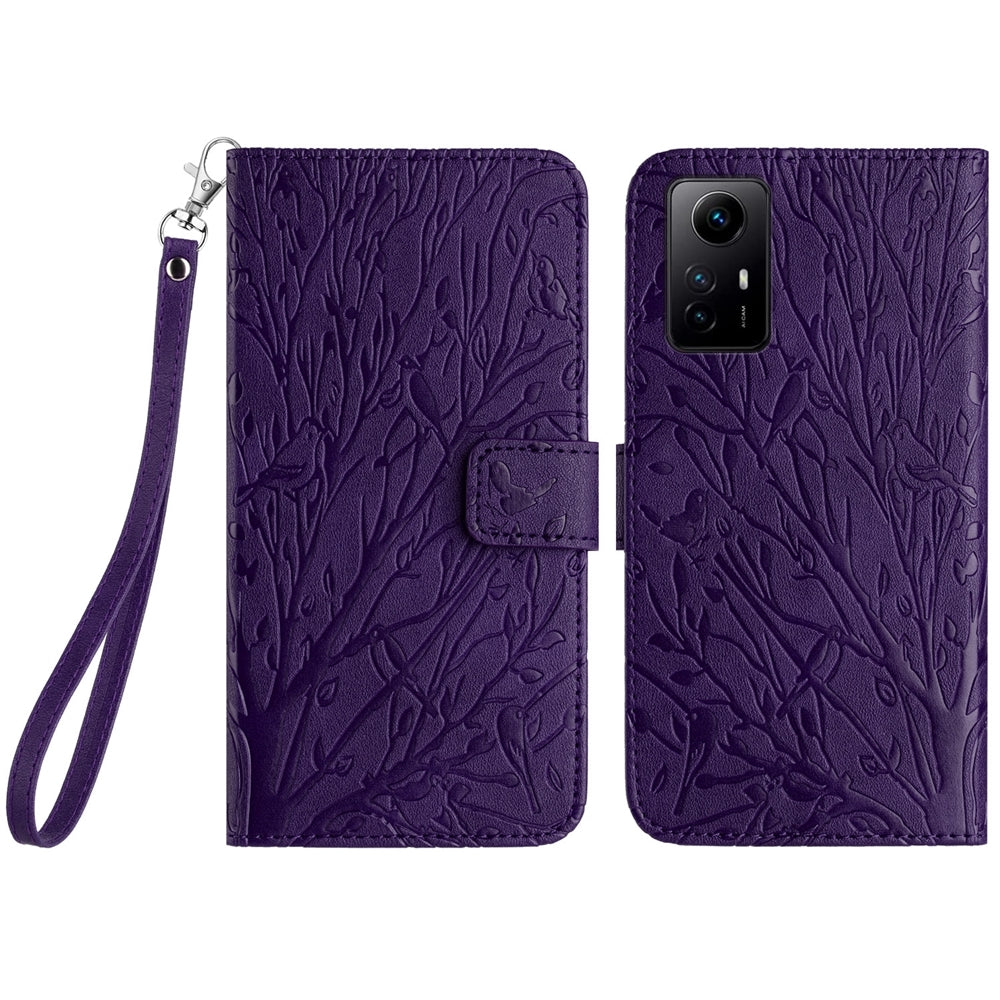 Xiaomi Redmi Note 12S Embossed Leather Phone Case with Tree Birds Pattern, Hand Strap, Card Holder & Adjustable Stand - Shockproof Wallet Cover