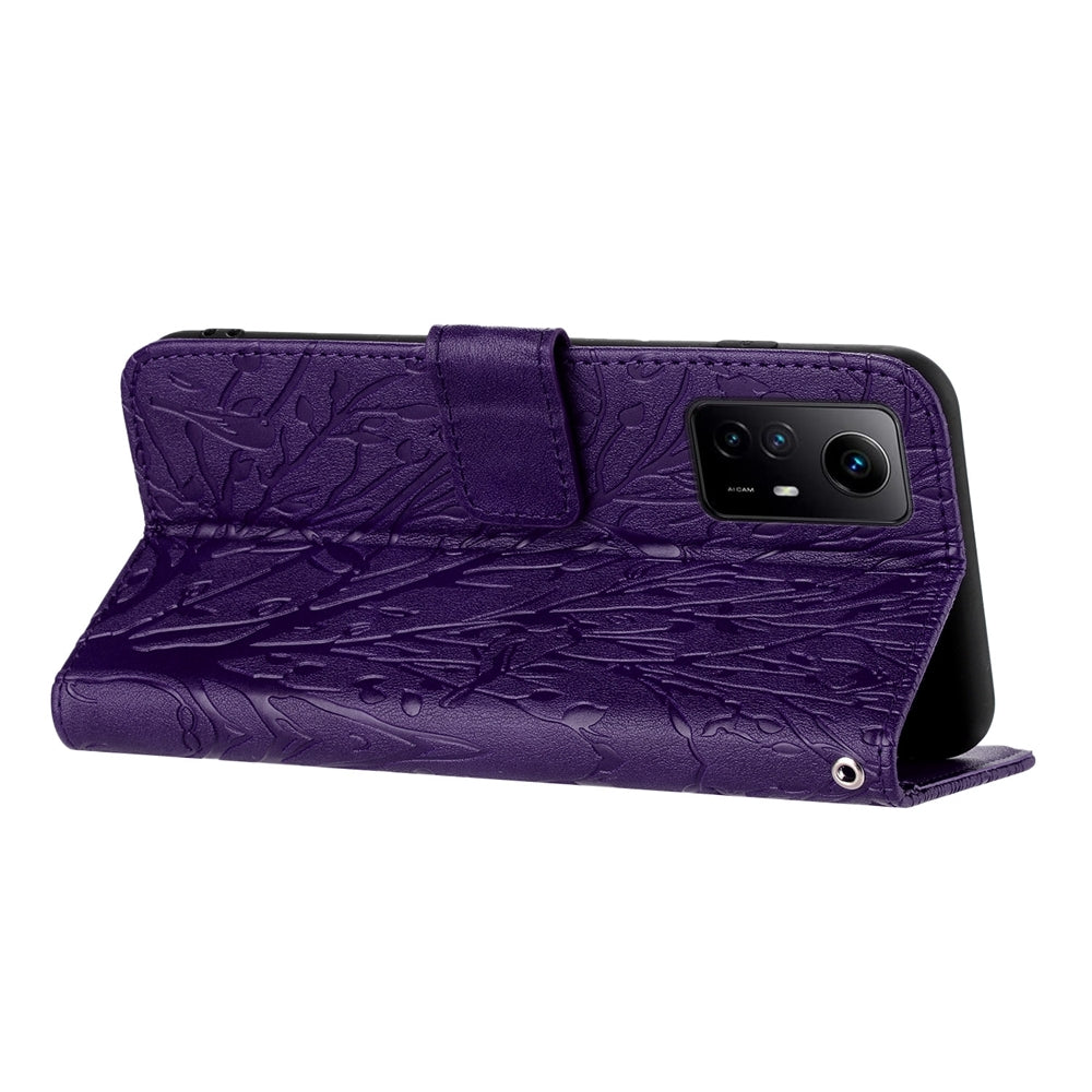 Xiaomi Redmi Note 12S Embossed Leather Phone Case with Tree Birds Pattern, Hand Strap, Card Holder & Adjustable Stand - Shockproof Wallet Cover
