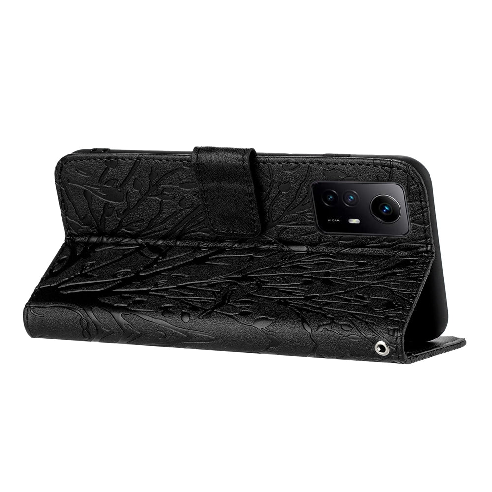 Xiaomi Redmi Note 12S Embossed Leather Phone Case with Tree Birds Pattern, Hand Strap, Card Holder & Adjustable Stand - Shockproof Wallet Cover