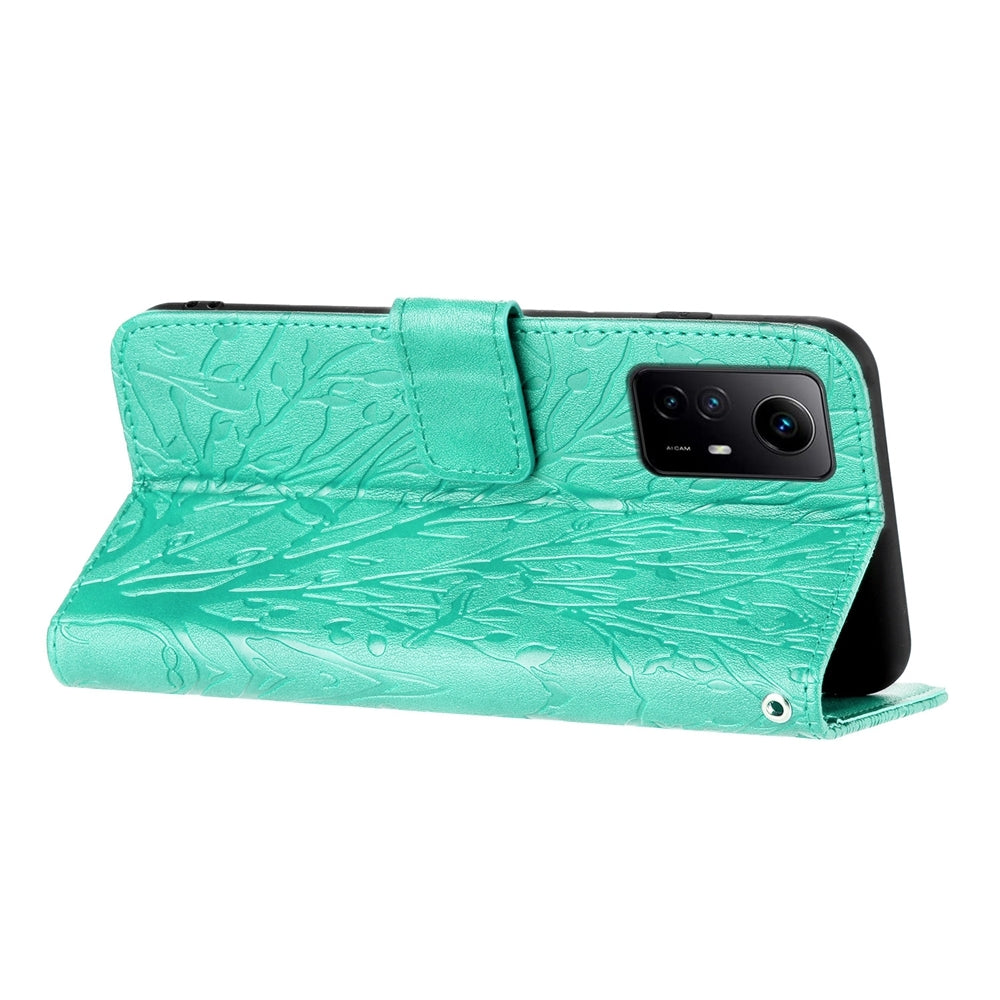 Xiaomi Redmi Note 12S Embossed Leather Phone Case with Tree Birds Pattern, Hand Strap, Card Holder & Adjustable Stand - Shockproof Wallet Cover